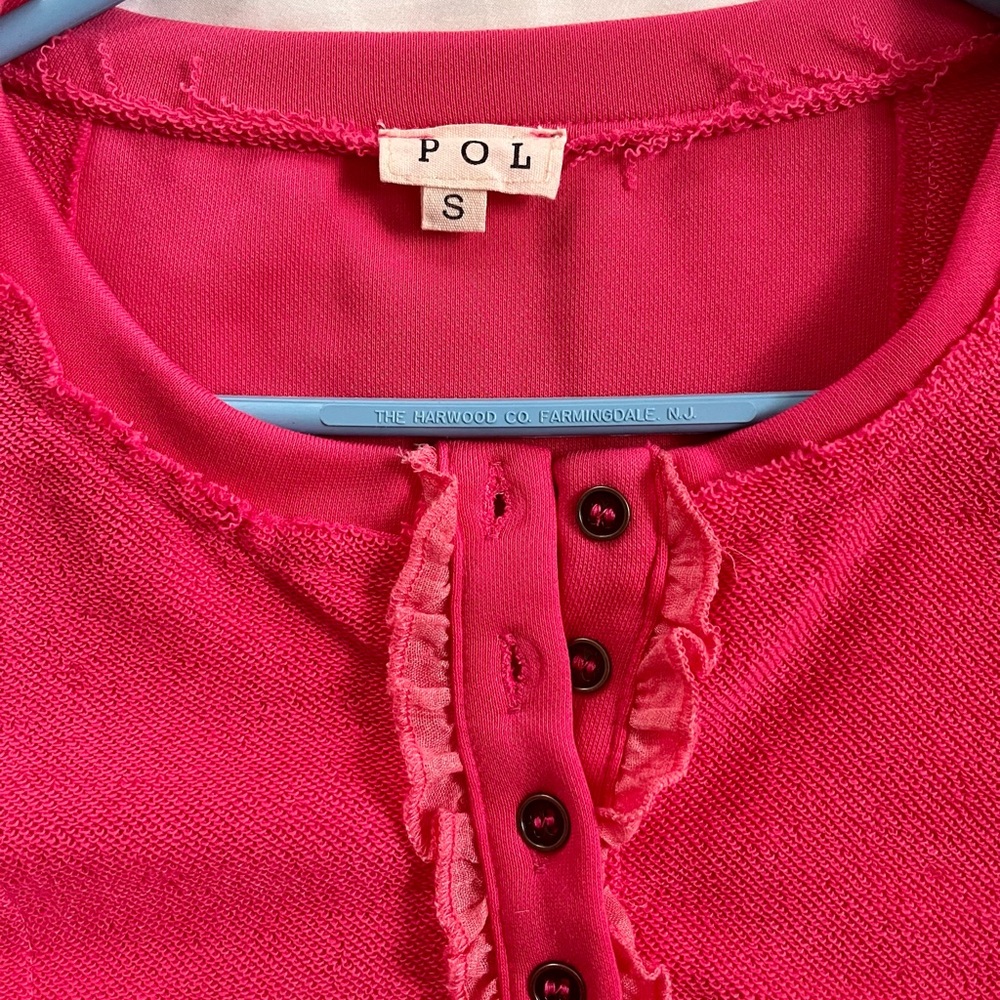 POL Fuchsia Button-Front Ruffle Top - Picture 2 of 3